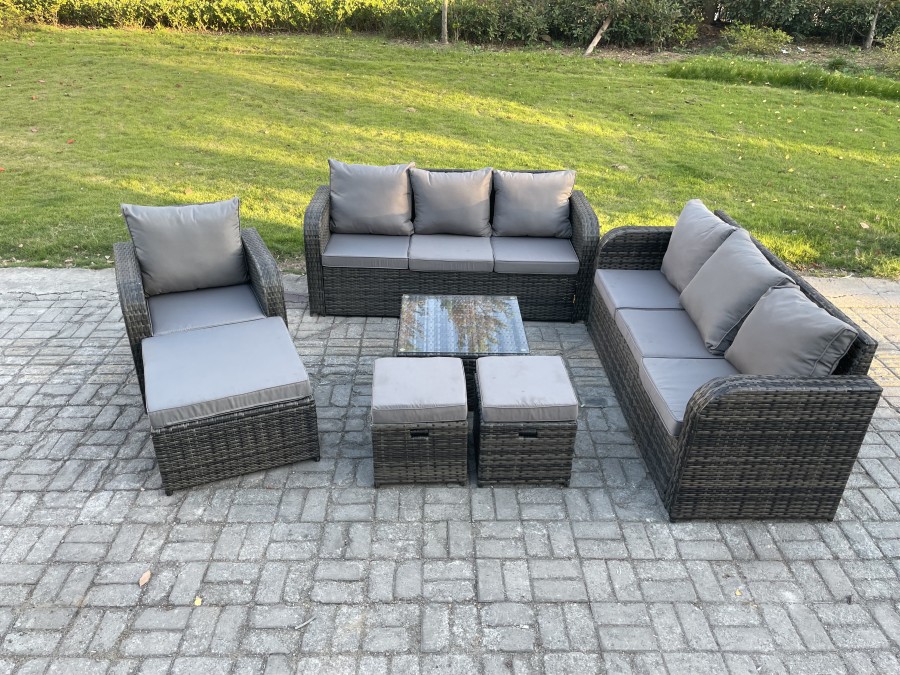 Click to view product details and reviews for Fimous Outdoor Rattan Garden Furniture Set Conservatory Patio Sofa Coffee Table With Reclining Chair 3 Footstools Dark Grey Mixed.