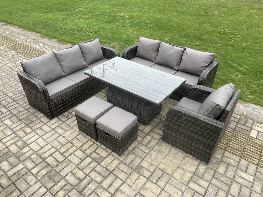 Click to view product details and reviews for Fimous Outdoor Rattan Garden Furniture Sets Height Adjustable Rising Lifting Dining Table Sofa Set With Reclining Chair 2 Small Footstool Dark Grey Mi.