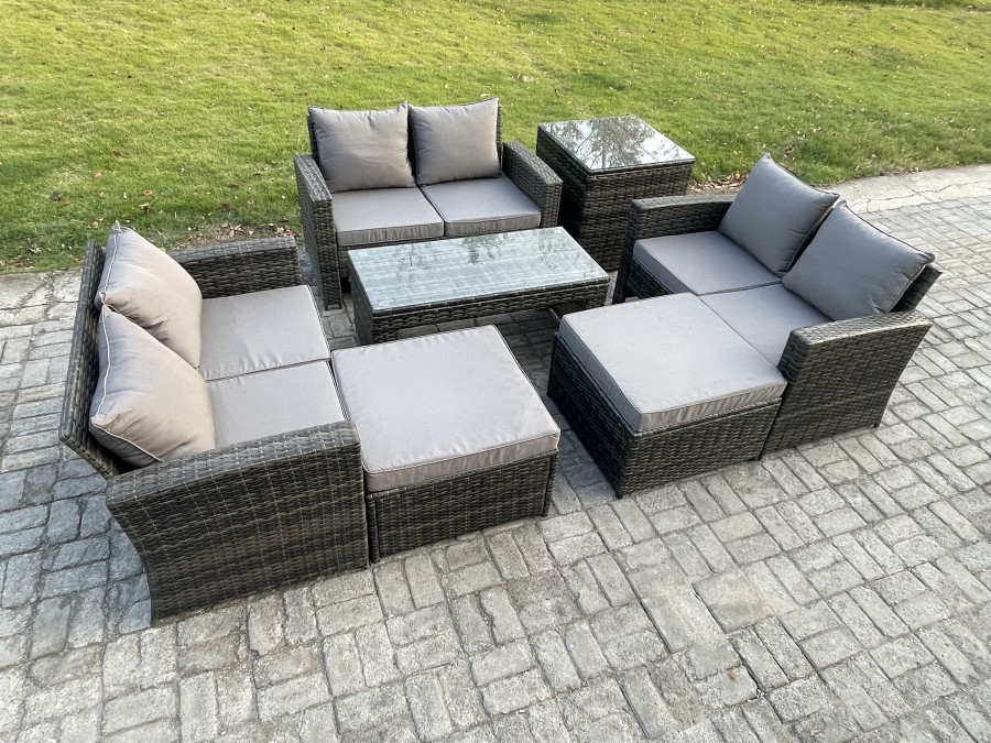 Click to view product details and reviews for Fimous Outdoor U Shape Sofa Set Wicker Pe Rattan Garden Furniture Set With Coffee Table Double Seat Sofa 2 Big Footstool Side Table Dark Grey Mixed.