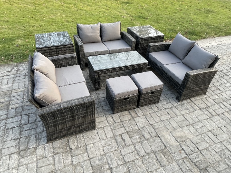 Click to view product details and reviews for Fimous Outdoor U Shape Sofa Set Wicker Pe Rattan Garden Furniture Set With Coffee Table Double Seat Sofa 2 Small Footstools 2 Side Tables Dark Grey Mi.