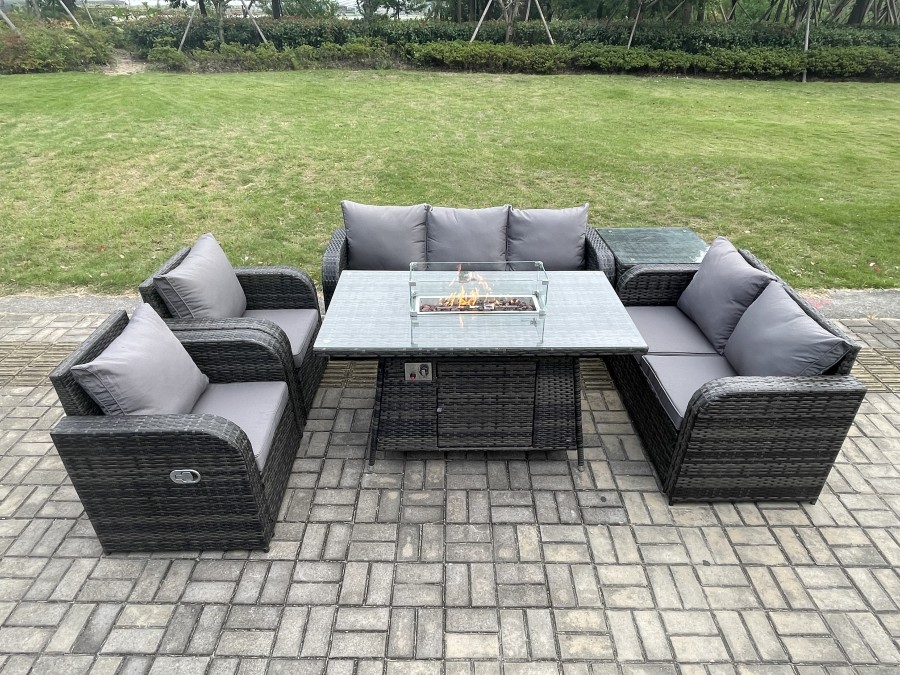 Click to view product details and reviews for Fimous Pe Wicker Outdoor Rattan Garden Furniture Set Propane Gas Fire Pit Table And Sofa Chair Set With Side Table 7 Seater.