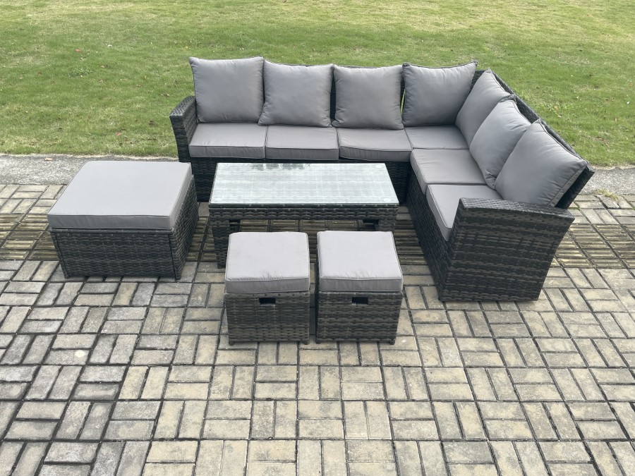 Click to view product details and reviews for Fimous Rattan Corner Sofa Garden Furniture Set With 3 Footstools Rectangular Coffee Table With Cushion Dark Grey Mixed. Click to view product details and reviews for Fimous Rattan Corner Sofa Garden Furniture Set With 3 Footstools Rectangular Coffee Table With Cushion Dark Grey Mixed.