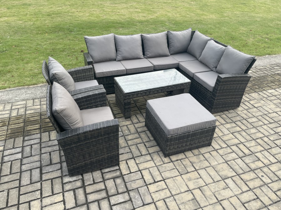Click to view product details and reviews for Fimous Rattan Corner Sofa Garden Furniture Set With Big Footstool Rectangular Coffee Table 2 Armchairs With Cushion Dark Grey Mixed. Click to view product details and reviews for Fimous Rattan Corner Sofa Garden Furniture Set With Big Footstool Rectangular Coffee Table 2 Armchairs With Cushion Dark Grey Mixed.
