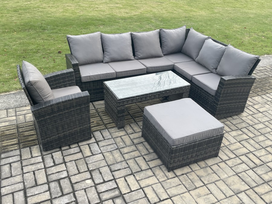 Click to view product details and reviews for Fimous Rattan Corner Sofa Garden Furniture Set With Big Footstool Rectangular Coffee Table Armchair With Cushion Dark Grey Mixed. Click to view product details and reviews for Fimous Rattan Corner Sofa Garden Furniture Set With Big Footstool Rectangular Coffee Table Armchair With Cushion Dark Grey Mixed.