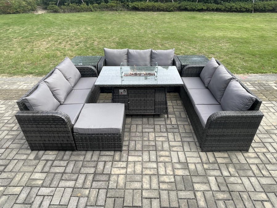 Click to view product details and reviews for Fimous Rattan Furniture Garden Dining Set Gas Fire Pit Table With 2 Side Tables Lounge Sofa Big Footstool Dark Grey Mixed.
