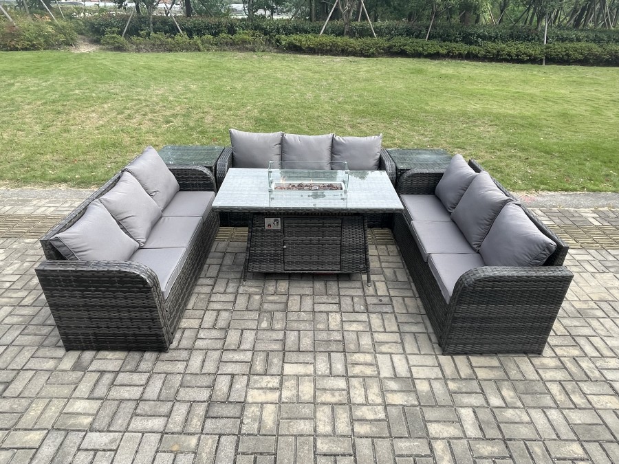 Click to view product details and reviews for Fimous Rattan Furniture Garden Dining Set Gas Fire Pit Table With 2 Side Tables Lounge Sofa Dark Grey Mixed.