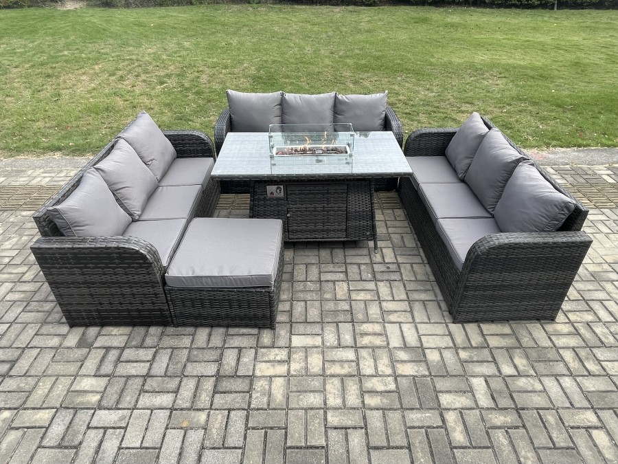 Click to view product details and reviews for Fimous Rattan Furniture Garden Dining Set Gas Fire Pit Table With 3 Seater Sofa Footstool Dark Grey Mixed.