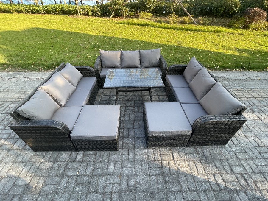 Click to view product details and reviews for Fimous Rattan Garden Furniture Dining Set 11 Seater Patio Rectangular Table 2 Big Footstool Dark Grey Mixed.