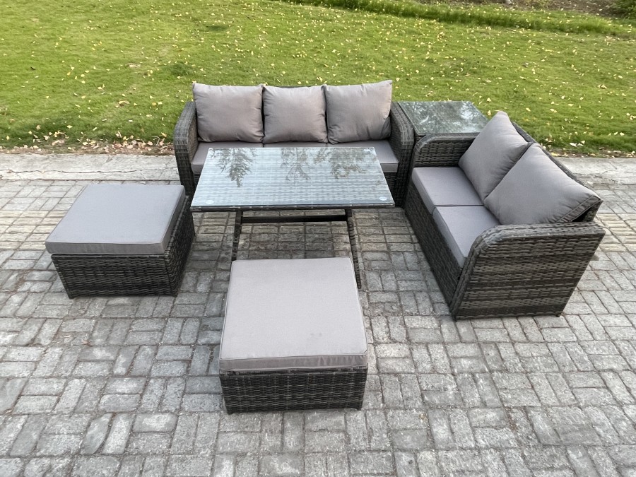 Click to view product details and reviews for Fimous Rattan Garden Furniture Dining Set 7 Seater Patio Rectangular Table 2 Big Footstool Love Sofa Side Table Dark Grey Mixed.