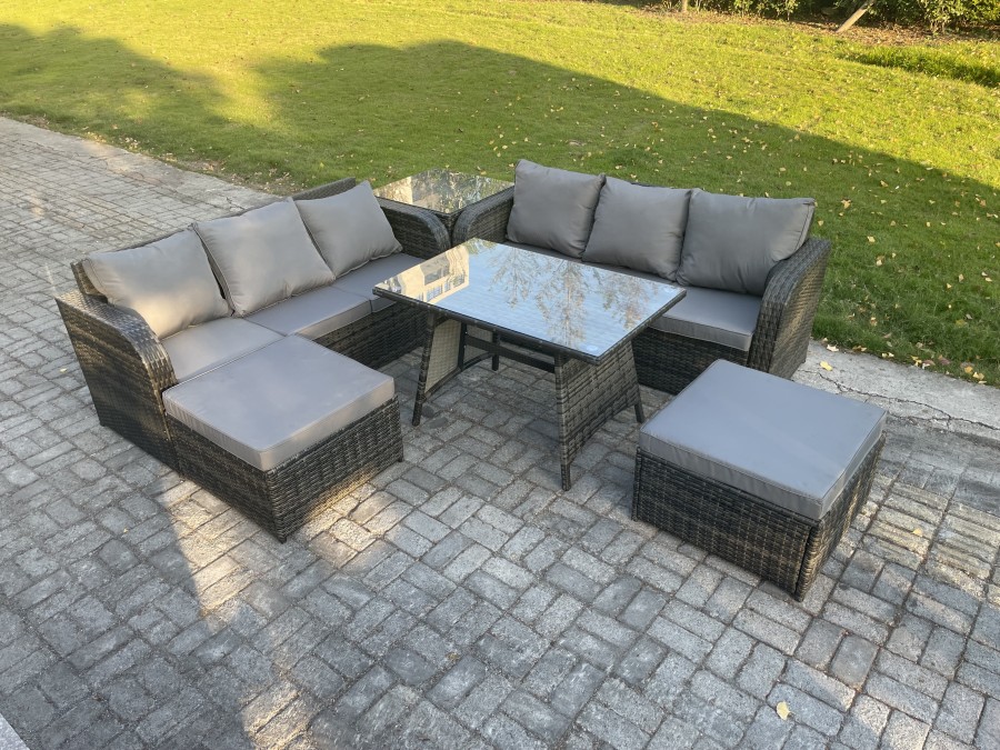 Click to view product details and reviews for Fimous Rattan Garden Furniture Dining Set 8 Seater Patio Rectangular Table 2 Big Footstool Side Table Dark Grey Mixed.