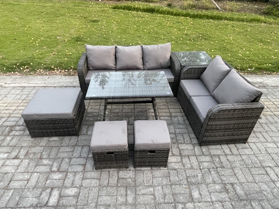 Click to view product details and reviews for Fimous Rattan Garden Furniture Dining Set 8 Seater Patio Rectangular Table 3 Footstools Love Sofa Side Table Dark Grey Mixed.