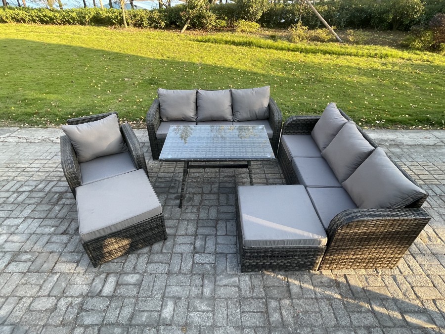 Click to view product details and reviews for Fimous Rattan Garden Furniture Dining Set 9 Seater Patio Rectangular Table 2 Big Footstool Dark Grey Mixed.