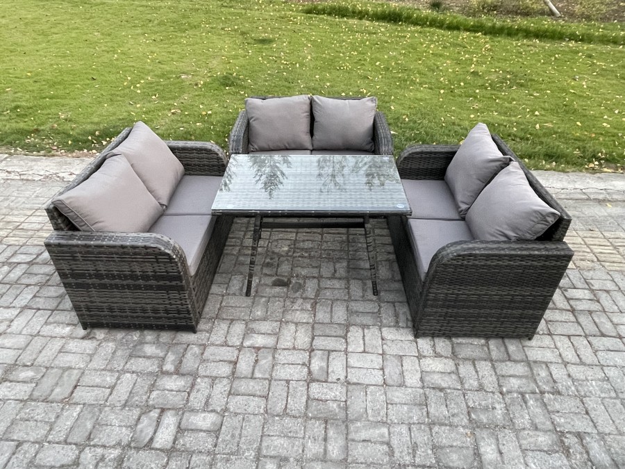 Click to view product details and reviews for Fimous Rattan Garden Furniture Set 6 Seater Patio Outdoor Love Sofa Set With Rectangular Dining Table Dark Grey Mixed.