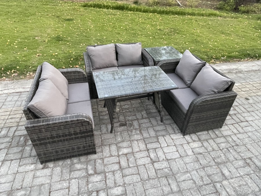 Click to view product details and reviews for Fimous Rattan Garden Furniture Set 6 Seater Patio Outdoor Love Sofa Set With Rectangular Dining Table Side Table Dark Grey Mixed.