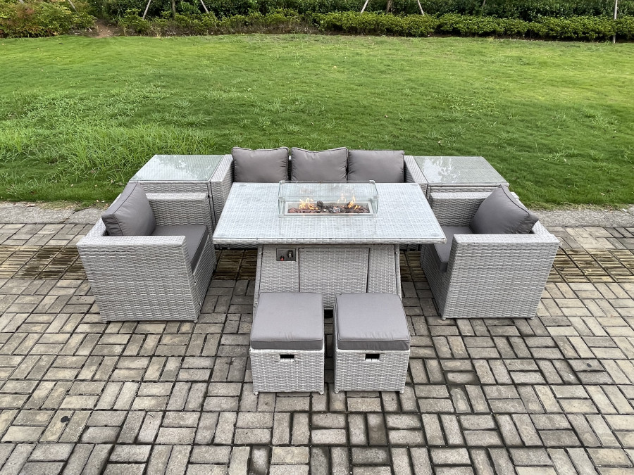 Click to view product details and reviews for Fimous Rattan Garden Furniture Set Gas Fire Pit Lounge Sofa Chair Dining Set With 2 Side Table And 2 Pc Arm Chair 2 Stools.