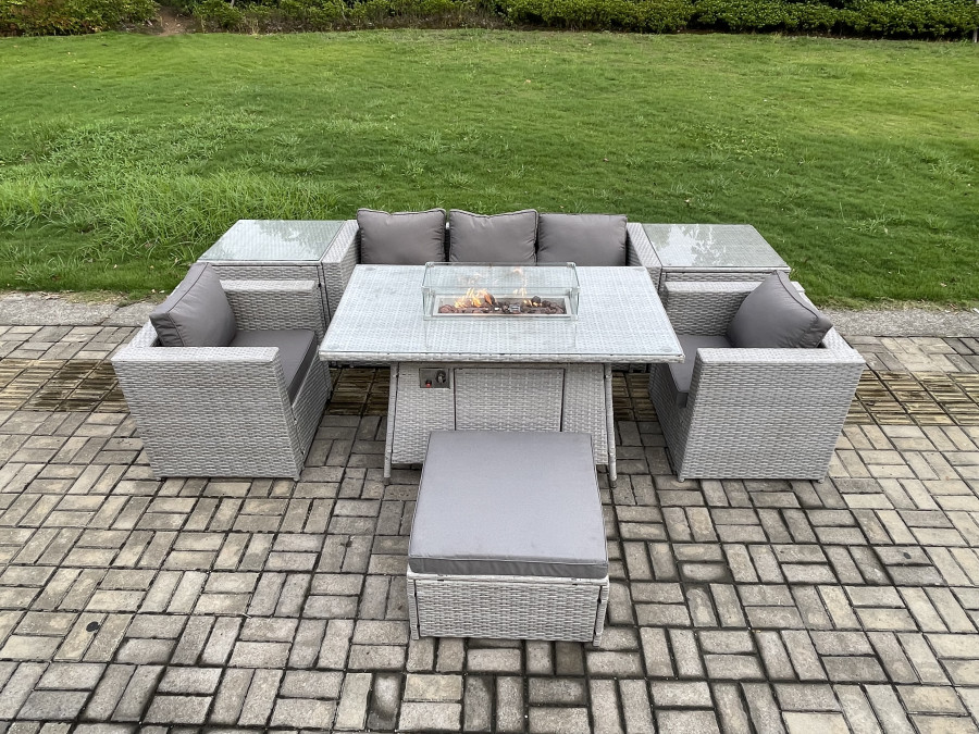 Click to view product details and reviews for Fimous Rattan Garden Furniture Set Gas Fire Pit Lounge Sofa Chair Dining Set With 2 Side Table And 2 Pc Arm Chair Footstool.