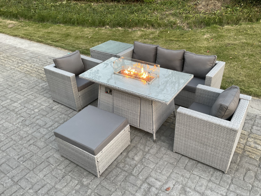 Click to view product details and reviews for Fimous Rattan Garden Furniture Set Gas Fire Pit Lounge Sofa Chair Dining Set With Side Table And 2 Pc Arm Chair Footstool.