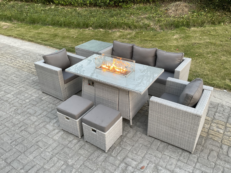 Click to view product details and reviews for Fimous Rattan Garden Furniture Set Gas Fire Pit Lounge Sofa Chair Dining Set With Side Table And 2 Pc Arm Chair Stools.