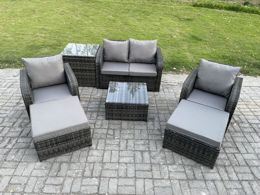 Click to view product details and reviews for Fimous Rattan Garden Furniture Set Patio Conservatory Indoor Outdoor 6 Seater Set With Love Sofa Square Coffee Table 2 Big Footstool Side Table.