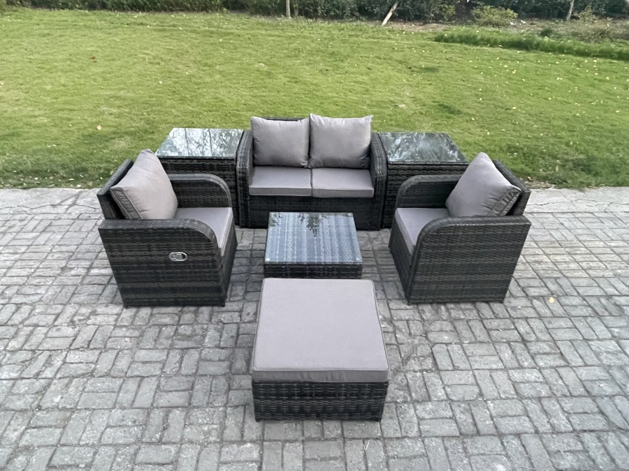 Click to view product details and reviews for Fimous Rattan Garden Furniture Set Patio Conservatory Indoor Outdoor 7 Piece Set With Love Sofa Square Coffee Table 2 Side Tables Big Footstool.