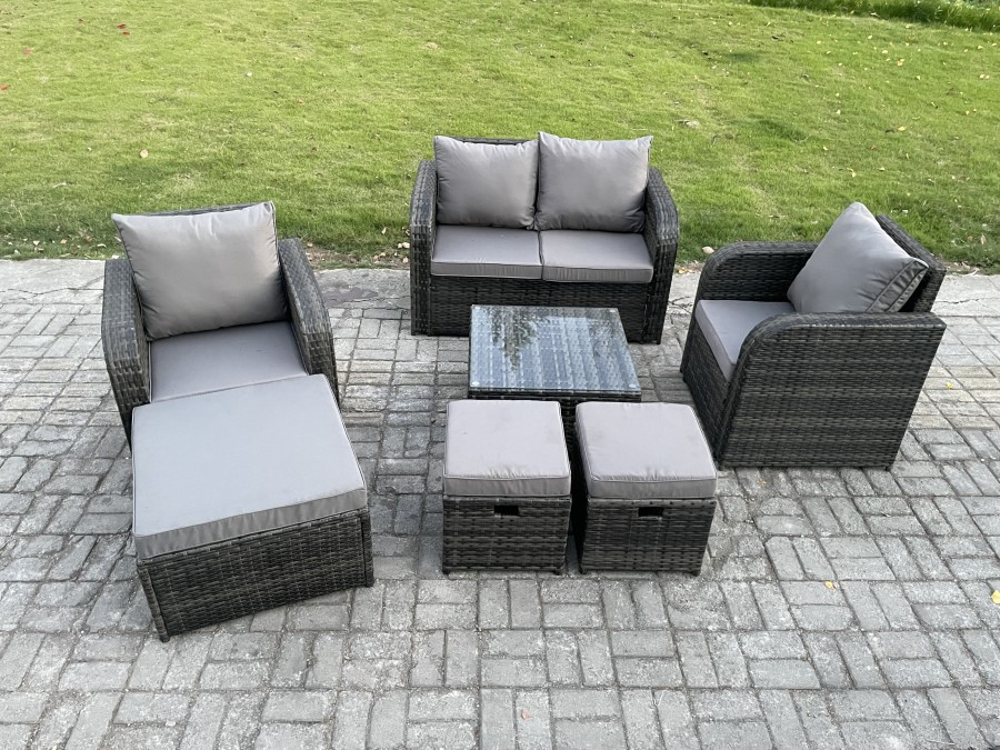 Click to view product details and reviews for Fimous Rattan Garden Furniture Set Patio Conservatory Indoor Outdoor 7 Piece Set With Love Sofa Square Coffee Table 3 Footstools.