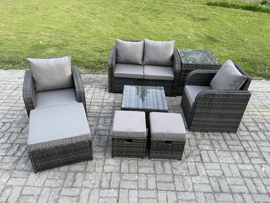 Click to view product details and reviews for Fimous Rattan Garden Furniture Set Patio Conservatory Indoor Outdoor 8 Piece Set With Love Sofa Square Coffee Table 3 Footstools Side Table.