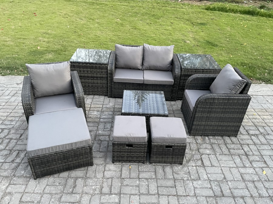 Click to view product details and reviews for Fimous Rattan Garden Furniture Set Patio Conservatory Indoor Outdoor 9 Piece Set With Love Sofa Square Coffee Table 3 Footstools 2 Side Tables.