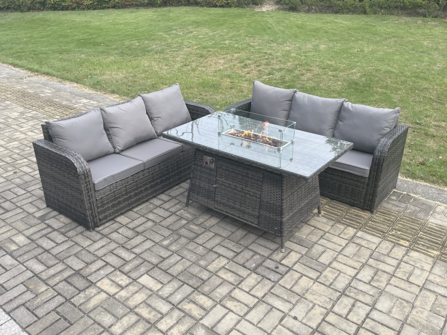 Click to view product details and reviews for Fimous Rattan Garden Furniture Set With Fire Pit Table 3 Pieces Outdoor Lounge Sofa Set Dark Grey Mixed.