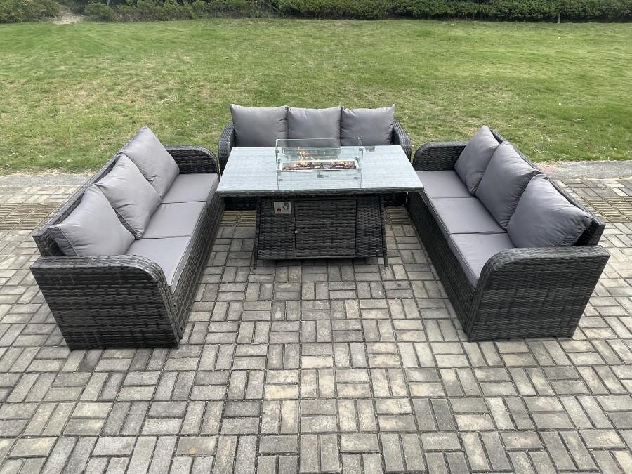 Click to view product details and reviews for Fimous Rattan Garden Furniture Set With Fire Pit Table 4 Pieces Outdoor Lounge Sofa Set Dark Grey Mixed.