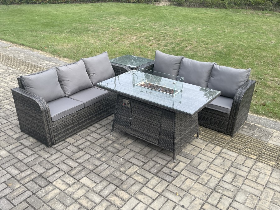 Click to view product details and reviews for Fimous Rattan Garden Furniture Set With Fire Pit Table 4 Pieces Outdoor Patio Lounge Sofa Set Dark Grey Mixed.