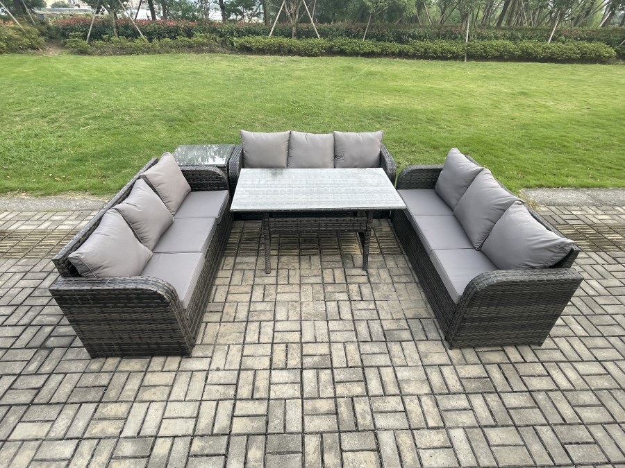 Click to view product details and reviews for Fimous Rattan Garden Furniture Set With Oblong Rectangular Dining Table Side Table 9 Seater Outdoor Lounge Sofa Set Dark Grey Mixed.