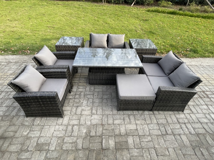 Click to view product details and reviews for Fimous Rattan Garden Furniture Sets Patio Outdoor Rising Lifting Table Sofa Set With Double Seat Sofa 2 Side Tables Big Footstool Dark Grey Mixed.