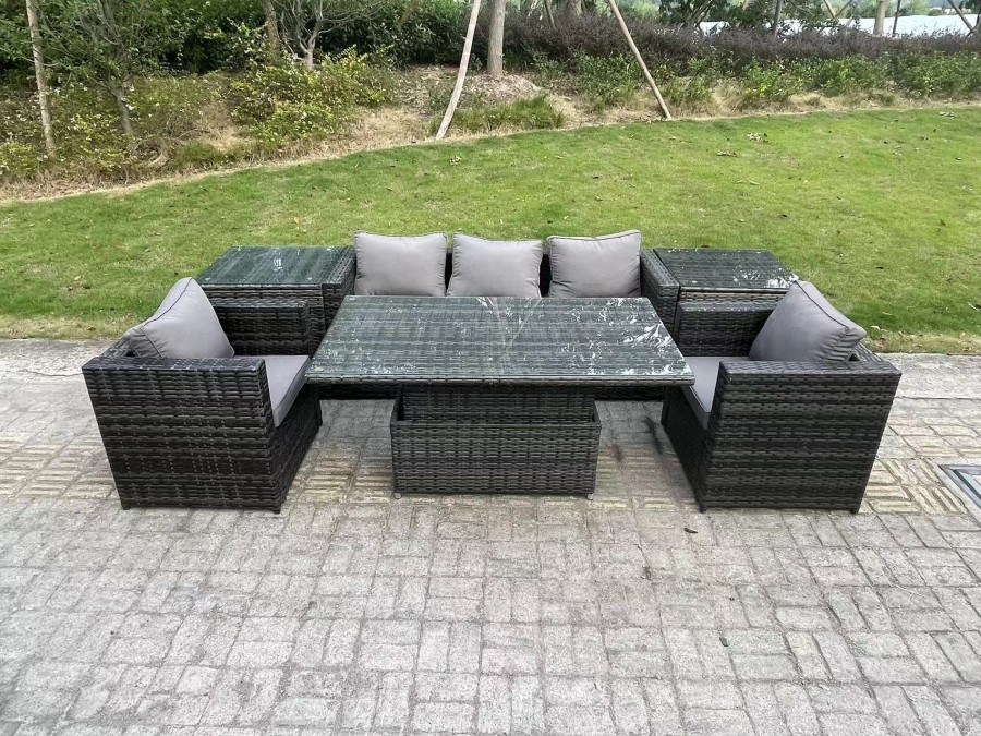 Click to view product details and reviews for Fimous Rattan Garden Furniture Sofa Set Outdoor Adjustable Rising Lifting Dining Table Set With 2 Armchairs 2 Side Tables Dark Grey Mixed.