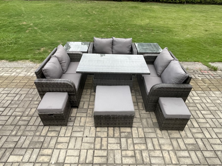 Click to view product details and reviews for Fimous Rattan Garden Outdoor Furniture 3 Pc Love Sofa Set Adjustable Rising Lifting Dining Table With 2 Side Tables 3 Footstools.