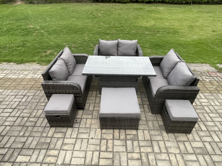 Click to view product details and reviews for Fimous Rattan Garden Outdoor Furniture 3 Pc Love Sofa Set Adjustable Rising Lifting Dining Table With 3 Footstools.