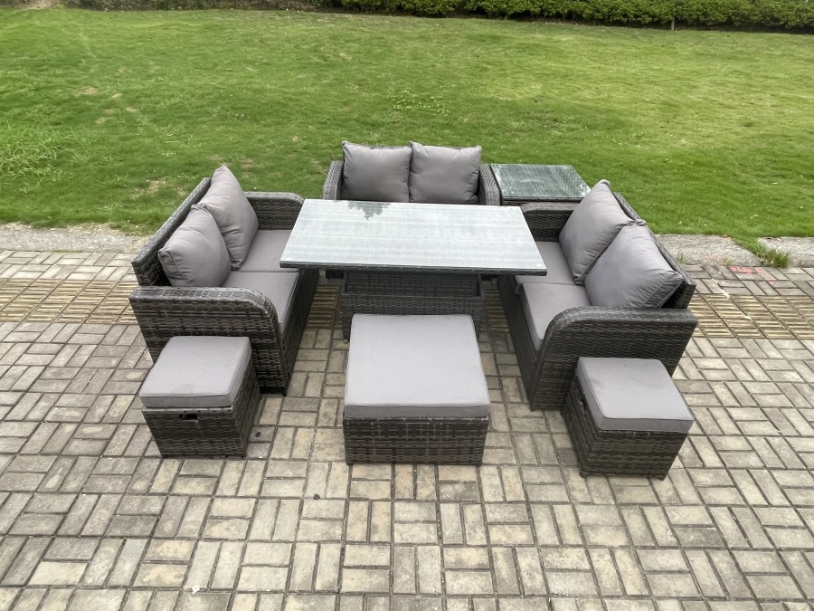 Click to view product details and reviews for Fimous Rattan Garden Outdoor Furniture 3 Pc Love Sofa Set Adjustable Rising Lifting Dining Table With Side Table 3 Footstools.