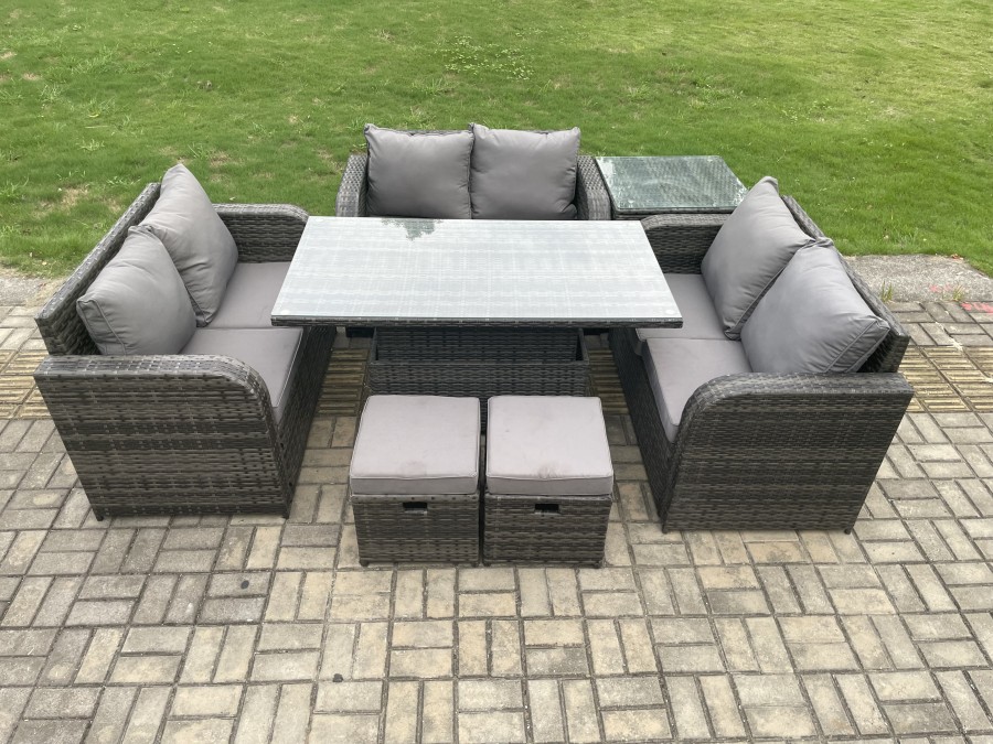 Click to view product details and reviews for Fimous Rattan Garden Outdoor Furniture 3 Pc Love Sofa Set Patio Adjustable Rising Lifting Dining Table With Side Table 2 Small Footstools.