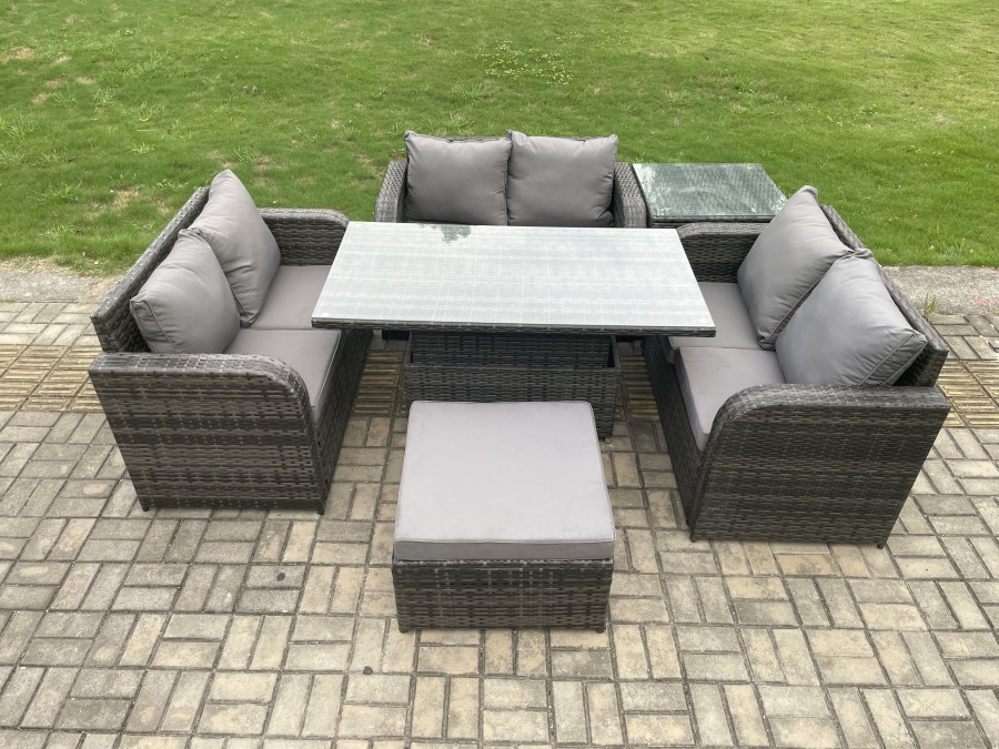 Click to view product details and reviews for Fimous Rattan Garden Outdoor Furniture 3 Pc Love Sofa Set Patio Adjustable Rising Lifting Dining Table With Side Table Big Footstool.