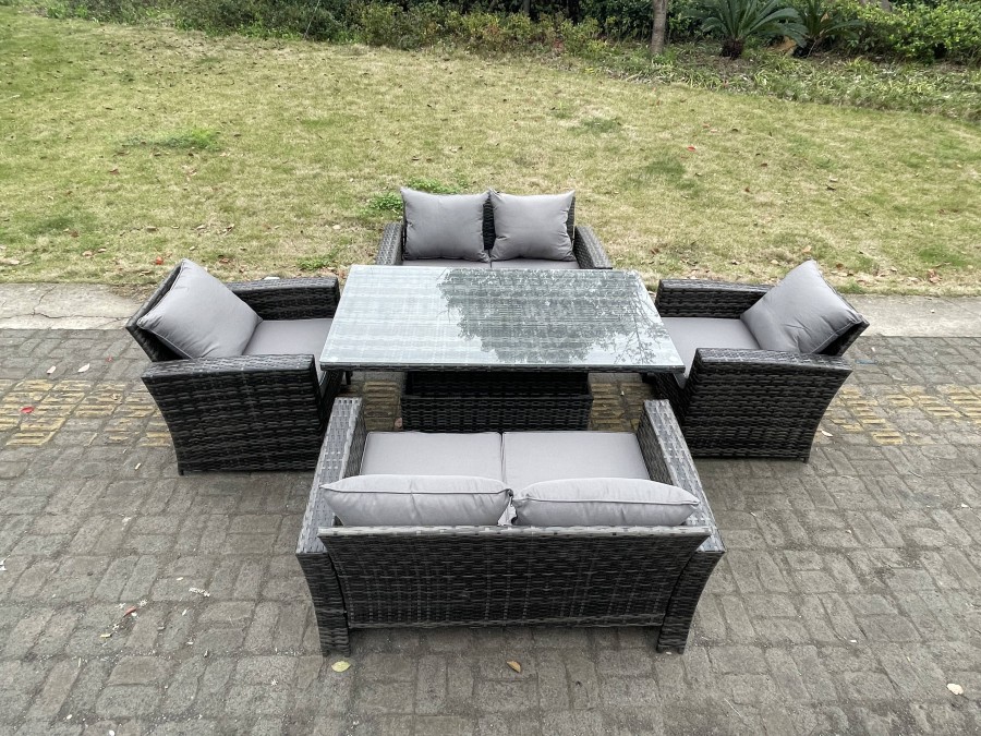 Click to view product details and reviews for Fimous Rattan Outdoor Furniture Adjustable Rising Lifting Rectangle Dining Table Chairs Two Seater Love Sofa Sets 6 Seater.
