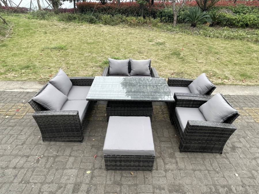 Click to view product details and reviews for Fimous Rattan Outdoor Furniture Adjustable Rising Lifting Rectangle Dining Table Chairs Two Seater Love Sofa Sets Big Footstools 7 Seater.