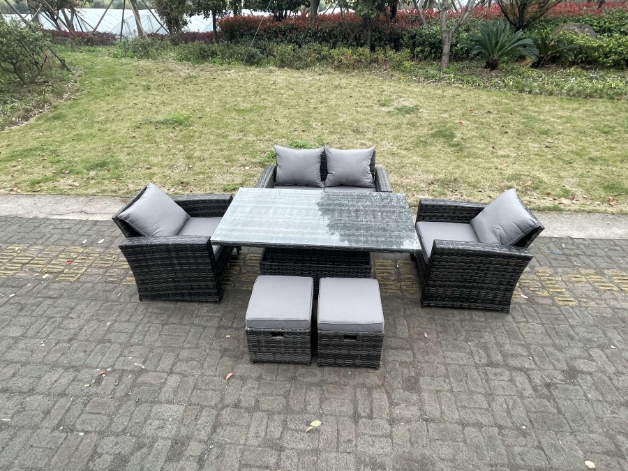 Click to view product details and reviews for Fimous Rattan Outdoor Furniture Adjustable Rising Lifting Rectangle Dining Table Chairs Two Seater Love Sofa Sets Footstools 6 Seater.