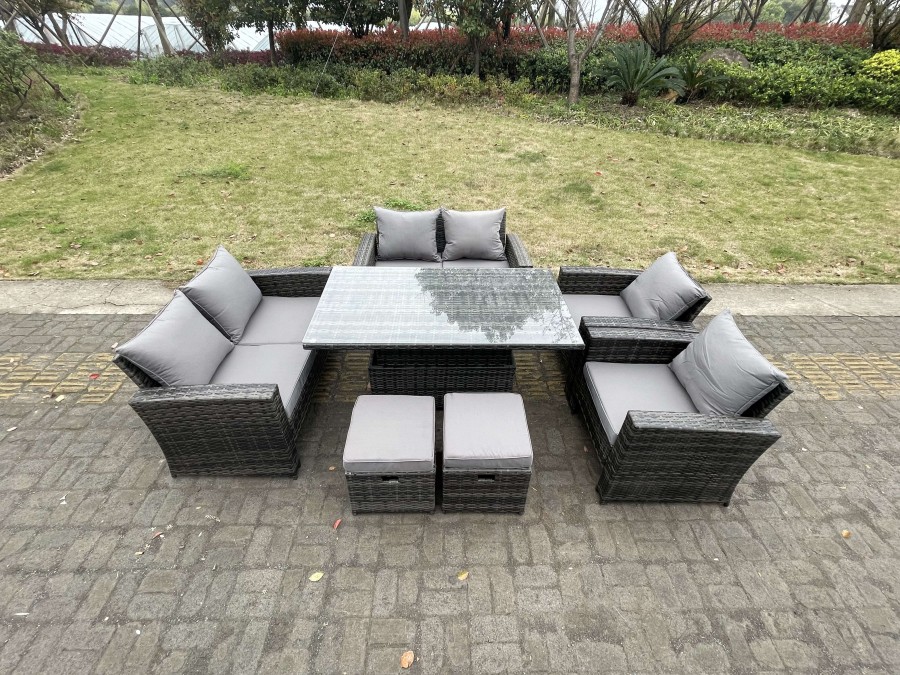 Click to view product details and reviews for Fimous Rattan Outdoor Furniture Adjustable Rising Lifting Rectangle Dining Table Chairs Two Seater Love Sofa Sets Footstools 8 Seater.