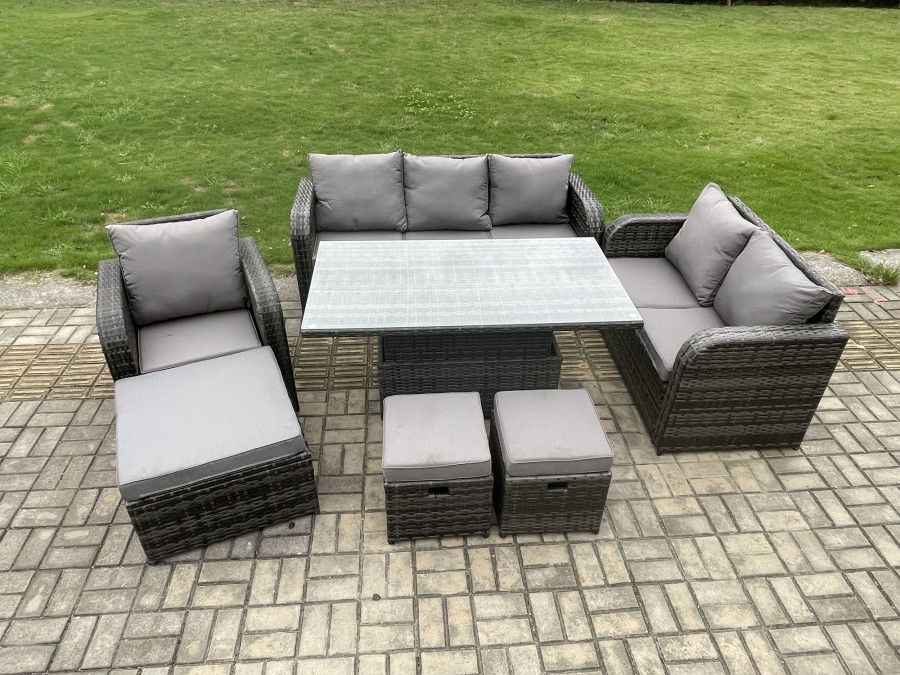 Click to view product details and reviews for Fimous Rattan Outdoor Furniture Garden Dining Set Patio Height Adjustable Rising Lifting Table Reclining Chair Sofa With 3 Footstools Dark Grey Mixed.