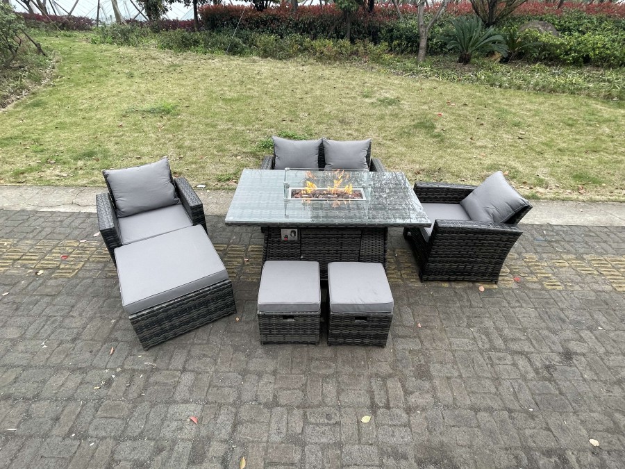 Click to view product details and reviews for Fimous Rattan Outdoor Furniture Gas Fire Pit Rectangle Dining Table Gas Heater Chairs Two Seater Love Sofa Sets 3 Footstools 7 Seater.