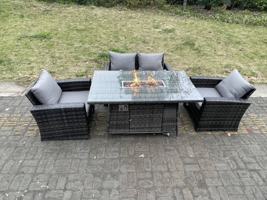 Click to view product details and reviews for Fimous Rattan Outdoor Furniture Gas Fire Pit Rectangle Dining Table Gas Heater Chairs Two Seater Love Sofa Sets 4 Seater.