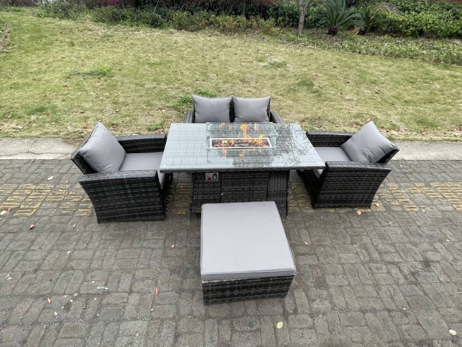 Click to view product details and reviews for Fimous Rattan Outdoor Furniture Gas Fire Pit Rectangle Dining Table Gas Heater Chairs Two Seater Love Sofa Sets Big Footstools 5 Seater.
