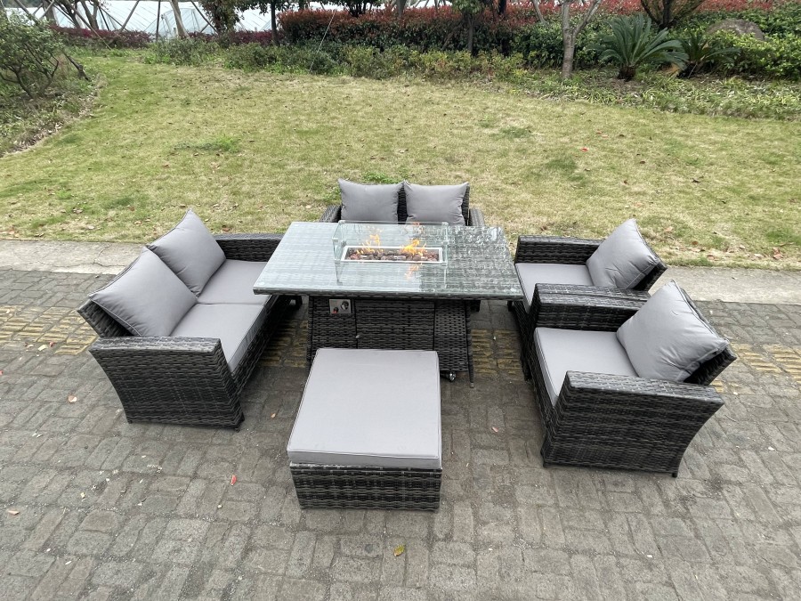 Click to view product details and reviews for Fimous Rattan Outdoor Furniture Gas Fire Pit Rectangle Dining Table Gas Heater Chairs Two Seater Love Sofa Sets Big Footstools 7 Seater.