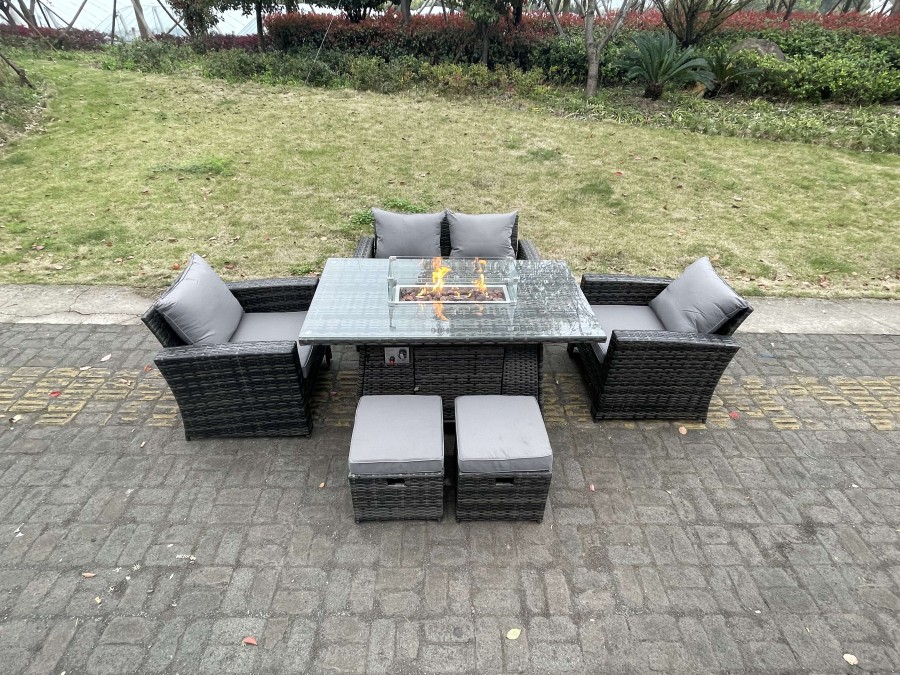 Click to view product details and reviews for Fimous Rattan Outdoor Furniture Gas Fire Pit Rectangle Dining Table Gas Heater Chairs Two Seater Love Sofa Sets Footstools 6 Seater.