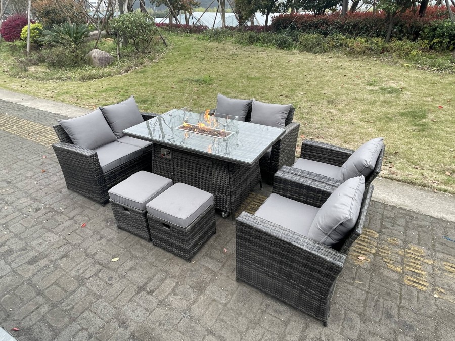 Click to view product details and reviews for Fimous Rattan Outdoor Furniture Gas Fire Pit Rectangle Dining Table Gas Heater Chairs Two Seater Love Sofa Sets Footstools 8 Seater.
