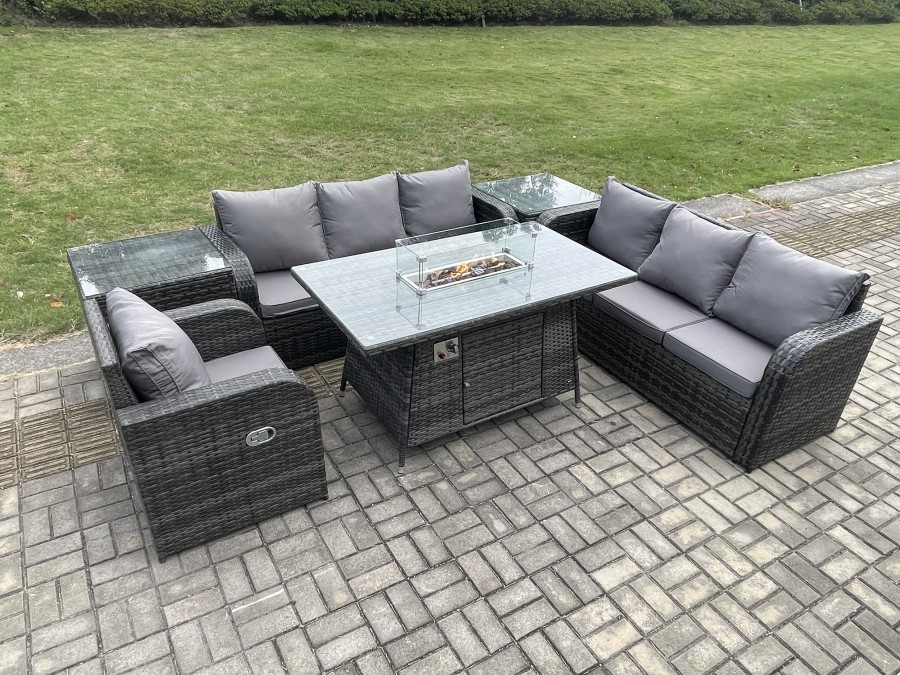 Click to view product details and reviews for Fimous Rattan Outdoor Furniture Gas Fire Pit Rectangle Dining Table Gas Heater Reclining Chair 3 Seater Sofa Sets With 2 Side Tables 7 Seater.